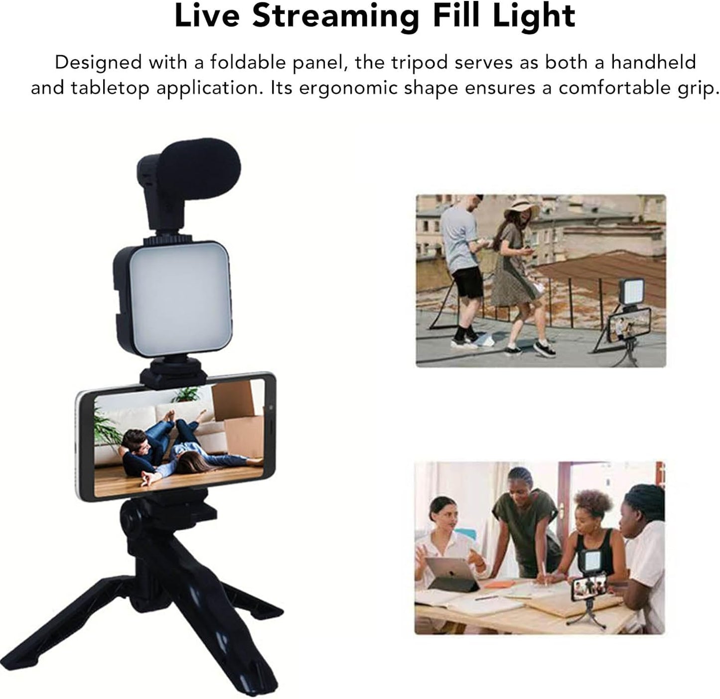 Kit de Vlogging con luz y micrófono, trípode de agarre de pistola, luz LED de estudio, mini agarre profesional para trípode portátil para Vlogging, TikTok, videos de YouTube, para teléfonos inteligentes, cámaras