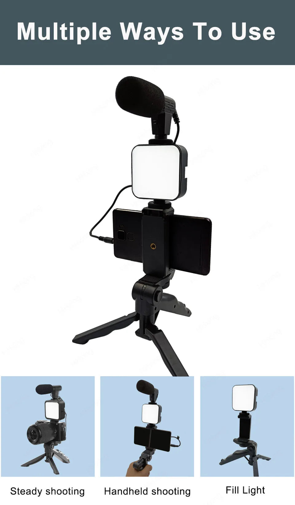 Kit de Vlogging con luz y micrófono, trípode de agarre de pistola, luz LED de estudio, mini agarre profesional para trípode portátil para Vlogging, TikTok, videos de YouTube, para teléfonos inteligentes, cámaras